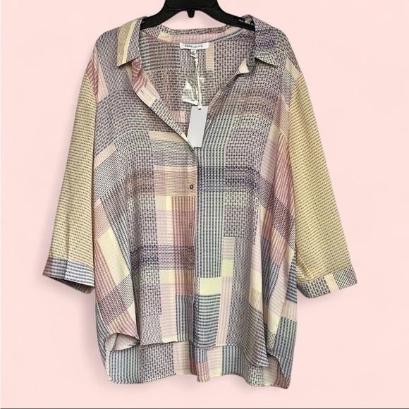 Rose + Olive Button Sz 2X Blouse Button Up Geometric Patchwork Career Boho NWT - Picture 1 of 11